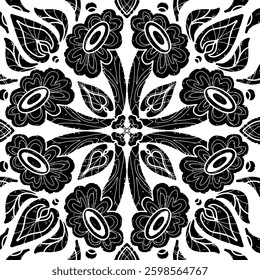 Intricate black pattern with symmetrical ornamental pattern in linocut style. Grunge texture tile shape. vector element