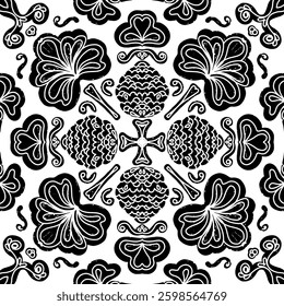 Intricate black pattern with symmetrical ornamental pattern in linocut style. Grunge texture tile shape. vector element