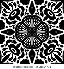 Intricate black pattern with symmetrical ornamental pattern in linocut style. Grunge texture tile shape. vector element
