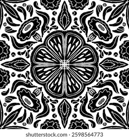 Intricate black pattern with symmetrical ornamental pattern in linocut style. Grunge texture tile shape. vector element