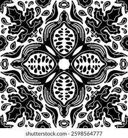 Intricate black pattern with symmetrical ornamental pattern in linocut style. Grunge texture tile shape. vector element