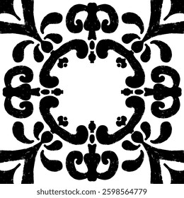 Intricate black pattern with symmetrical ornamental pattern in linocut style. Grunge texture tile shape. vector element