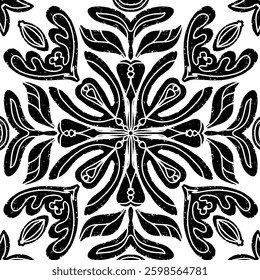 Intricate black pattern with symmetrical ornamental pattern in linocut style. Grunge texture tile shape. vector element