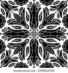 Intricate black pattern with symmetrical ornamental pattern in linocut style. Grunge texture tile shape. vector element