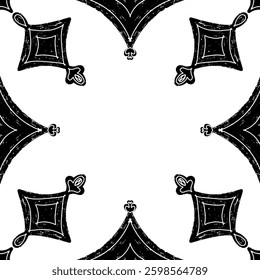 Intricate black pattern with symmetrical ornamental pattern in linocut style. Grunge texture tile shape. vector element
