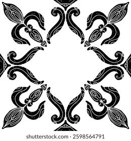 Intricate black pattern with symmetrical ornamental pattern in linocut style. Grunge texture tile shape. vector element