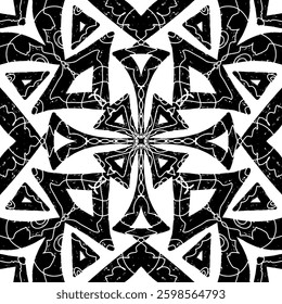 Intricate black pattern with symmetrical ornamental pattern in linocut style. Grunge texture tile shape. vector element