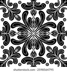 Intricate black pattern with symmetrical ornamental pattern in linocut style. Grunge texture tile shape. vector element