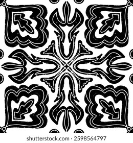 Intricate black pattern with symmetrical ornamental pattern in linocut style. Grunge texture tile shape. vector element