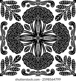 Intricate black pattern with symmetrical ornamental pattern in linocut style. Grunge texture tile shape. vector element