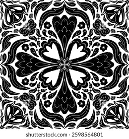 Intricate black pattern with symmetrical ornamental pattern in linocut style. Grunge texture tile shape. vector element