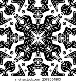 Intricate black pattern with symmetrical ornamental pattern in linocut style. Grunge texture tile shape. vector element