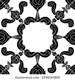 Intricate black pattern with symmetrical ornamental pattern in linocut style. Grunge texture tile shape. vector element