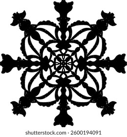 Intricate black pattern with symmetrical ornamental pattern in linocut style. Grunge texture tile shape. vector element