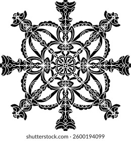 Intricate black pattern with symmetrical ornamental pattern in linocut style. Grunge texture tile shape. vector element