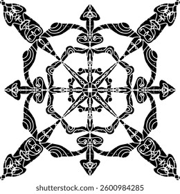 Intricate black pattern with symmetrical ornamental pattern in linocut style. Grunge texture tile shape. vector element