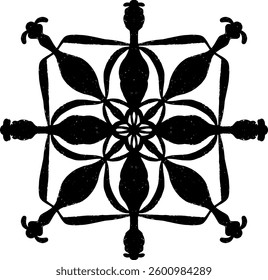 Intricate black pattern with symmetrical ornamental pattern in linocut style. Grunge texture tile shape. vector element