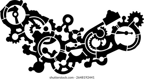 Silhueta preta intrincada de engrenagens mecânicas abstratas e engrenagens criando um steampunk complexo ou conceito de design industrial. Ilustração vetorial