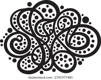 Intricate black swirling patterns with dots on white background, creating a mesmerizing abstract design.