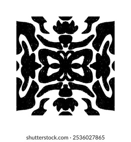 Komplizierte schwarze symmetrische Form Fliesen Grunge Textur. Stilisierte Textur Ornament, Fliesen Formen Vektorelement
