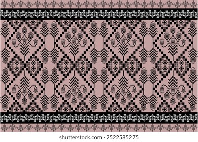 Intricate black and taupe geometric pattern with floral motifs and symmetrical designs. Ideal for ethnic-inspired textiles, wallpapers, and decorative projects with a traditional, folk art feel