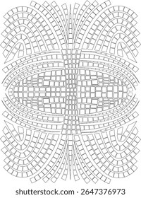 Padrão de mosaico abstrato preto e branco intrincado com formas geométricas dinâmicas, linhas radiantes e um design elíptico central, perfeito para fundos, arte digital ou páginas de coloração.