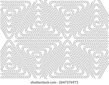 Intricate black and white abstract pattern featuring a mosaic of braided rope lines, forming geometric triangles and swirling designs, perfect for background, textile, or coloring book art.