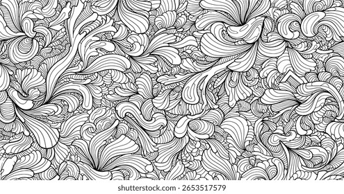 Intricate black and white abstract pattern of swirling lines and shapes, resembling stylized leaves and organic forms.