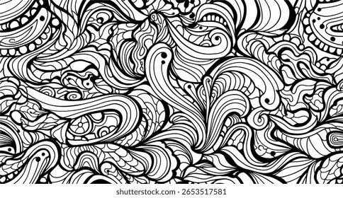 Intricate black and white abstract pattern with flowing lines and swirling shapes, creating a dynamic and mesmerizing visual.