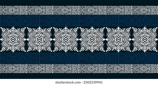 Intricate black, white, and blue tribal geometric pattern, ideal for textiles, wallpapers, or decorative projects.