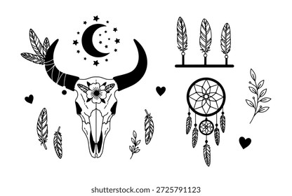 Intricate black and white boho set featuring a floral bull skull, dreamcatcher, feathers, and moon