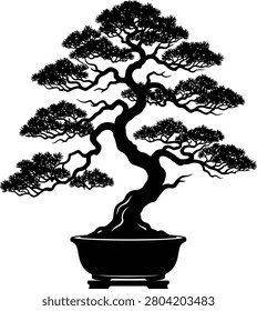 Intricate black and white bonsai tree with twisted, artistic branches in a pot monochrome twisted branches