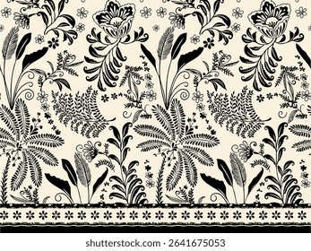 Intricate black and white botanical border pattern featuring detailed flowers, ferns, and foliage on a light backdrop. Ideal for classic and sophisticated design accents.