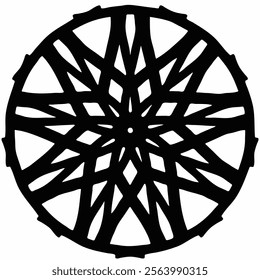 Intricate Black and White Circular Design. This image showcases a captivating circular design, featuring a complex network of intersecting lines radiating from a central point.