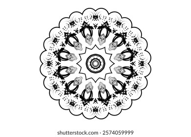 Intricate Black and White Circular Mandala Artwork on a Pristine White Surface	
