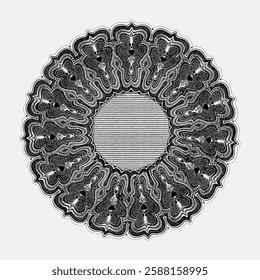Intricate black and white circular pattern with detailed lace-like design. Circular pattern features symmetrical, lace-like elements. Decorative circular art. Vintage art illustration, vector.