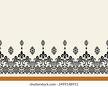 Intricate black and white Damask pattern, ikat border pattern with detailed floral motifs. Ideal for fabric prints, home decor, and fashion design. High-quality vector art.