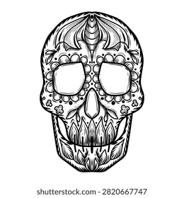 Intricate black and white Day of the Dead sugar skull vector illustration inspired by traditional Mexican Calavera art. Decorative floral ornament with symmetrical ethnic details, perfect for Dia de los Muertos celebrations, Halloween designs, tattoos, coloring pages, posters, apparel, stickers, invitations, greeting cards, home decor, laser cutting, engraving and craft projects. Isolated on white background.