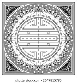 An intricate black and white decorative square ornament featuring a prominent central circular motif with geometric patterns and repetitive elements. The corners are adorned with complex, traditional-