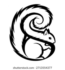 Design preto e branco intrincado com uma forma de esquilo dentro de uma espiral, cauda enrolada.