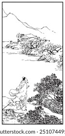 Intricate black and white drawing of an ancient figure on cliffside, overlooking serene landscape with lush trees, traditional buildings, and distant mountains.