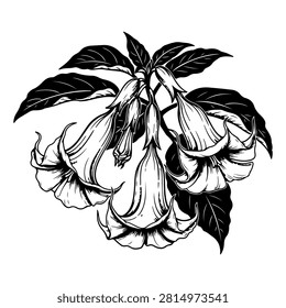 Intricate black and white drawing of a blooming flower with detailed leaves, showcasing botanical art style and natural beauty.