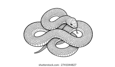 Intricate black and white engraving of a coiled snake with detailed scales and a flickering tongue in a defensive pose.