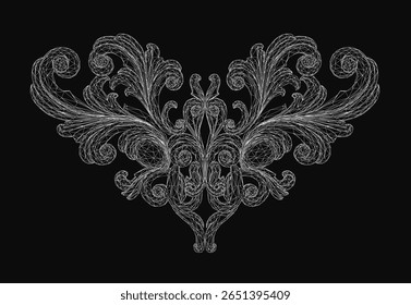 Intrincado design floral preto e branco com ornamentação detalhada destaca-se contra um fundo escuro. O padrão decorativo apresenta formas variadas e cores contrastantes.