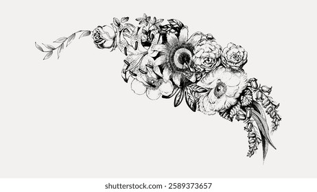 Intricate black and white floral illustration with roses, lilies, and leaves. Detailed floral design showcases roses and lilies in a graceful arrangement. Vintage botanical illustration vector.