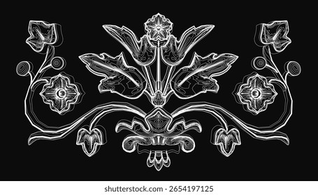 Intricate black and white floral ornament with detailed patterns and elegant curves. The design features a variety of shapes and textures, creating a striking contrast against the dark background.
