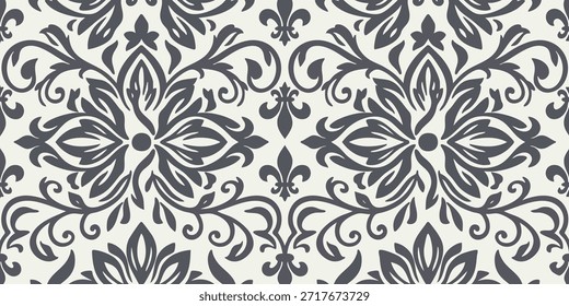 Un intrincado patrón floral en blanco y negro con ilustraciones simétricas sobre un fondo liso desde un punto de vista directo