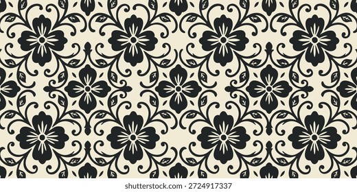 Un intrincado patrón floral blanco y negro con hojas y flores en remolino