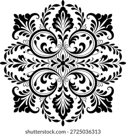 Intricate black and white floral pattern with symmetrical swirls and leaves