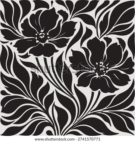 Intricate black and white floral pattern with elegant swirling leaves and delicate petals